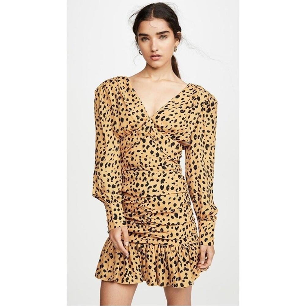 Nicholas Gathered Frill Silk Dress Ruffle Mini Cheetah Womens Size 10